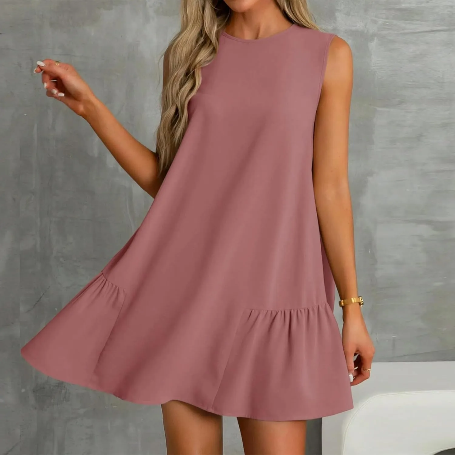 Women Summer Dress Solid Color Casual Sleeveless Tank Dresses Ruffle Hem Crewneck Loose Mini Dress