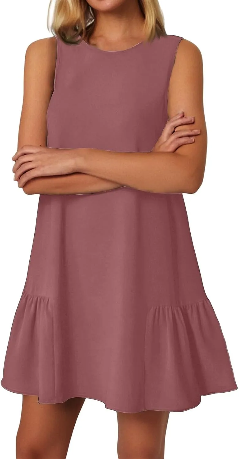 Women Summer Dress Solid Color Casual Sleeveless Tank Dresses Ruffle Hem Crewneck Loose Mini Dress