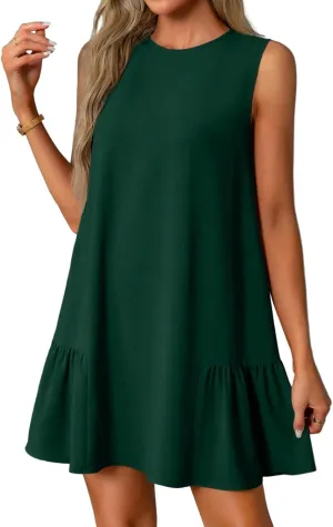 Women Summer Dress Solid Color Casual Sleeveless Tank Dresses Ruffle Hem Crewneck Loose Mini Dress