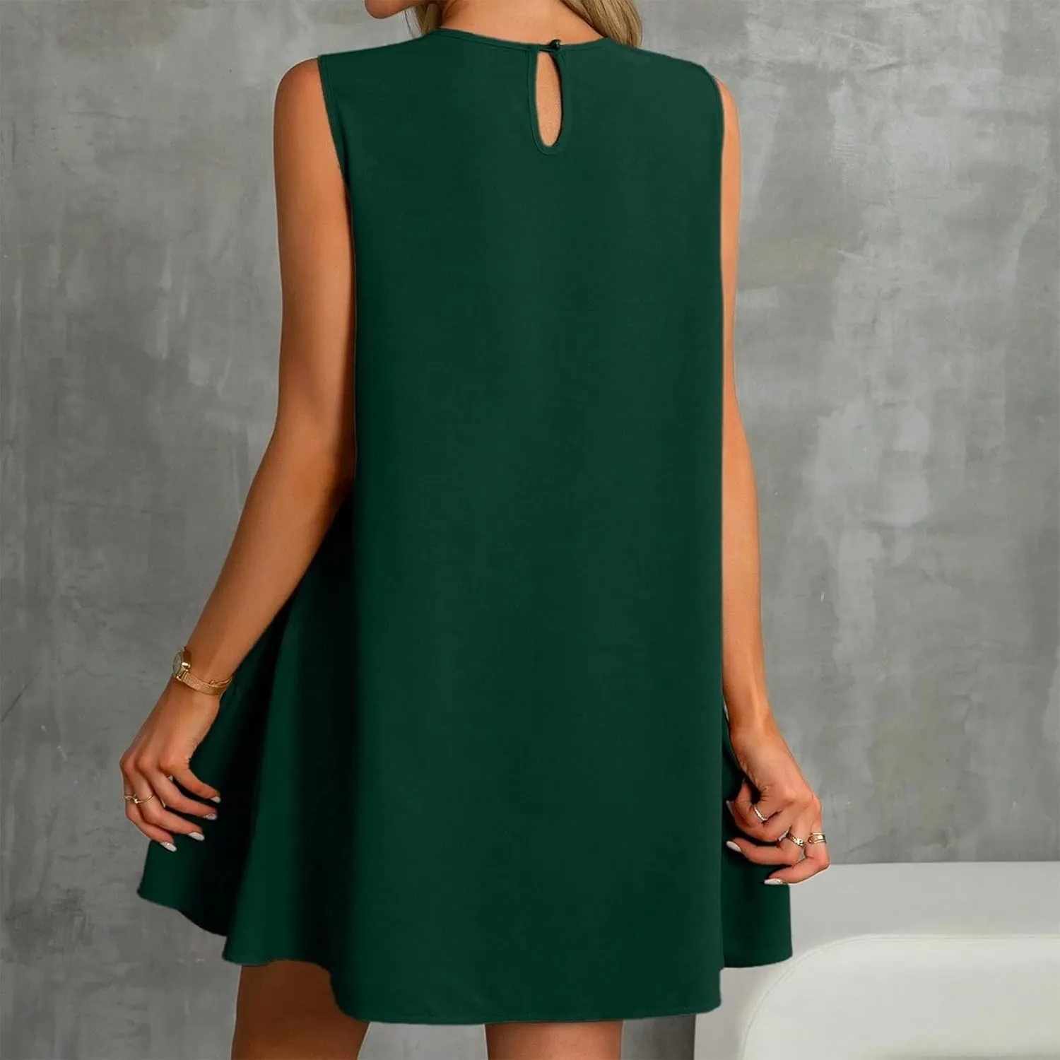 Women Summer Dress Solid Color Casual Sleeveless Tank Dresses Ruffle Hem Crewneck Loose Mini Dress