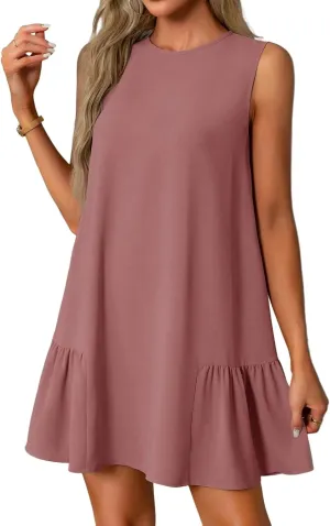 Women Summer Dress Solid Color Casual Sleeveless Tank Dresses Ruffle Hem Crewneck Loose Mini Dress