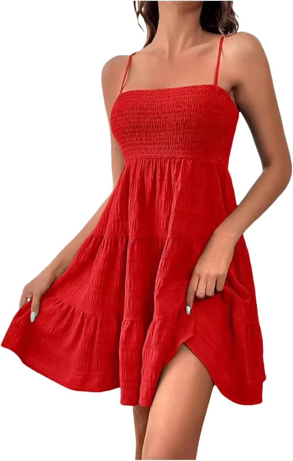 Women Summer Dresses Square Neck Spaghetti Strap Dress Casual Sleeveless Smocked Sundress A Line Tiered Beach Dress Boho Swing Dresses Trendy Mini Dress Flowy Babydoll Dress Short Dress