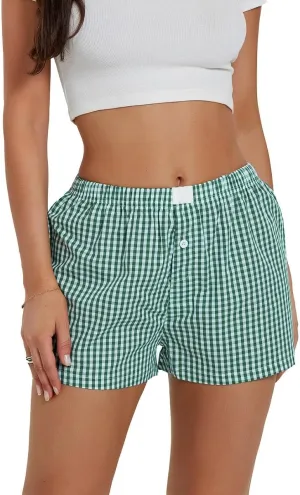 Women Y2K Stripe Shorts Elastic Waist Gingham Boxer Pajamas Shorts Cute Summer Pj Lounge Shorts