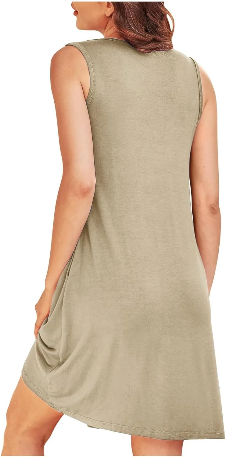 Women's 2024 Summer Casual Loose Beach Sleeveless Midi Sundress with Pockets Swing Solid Ruffle A-Line Dresses