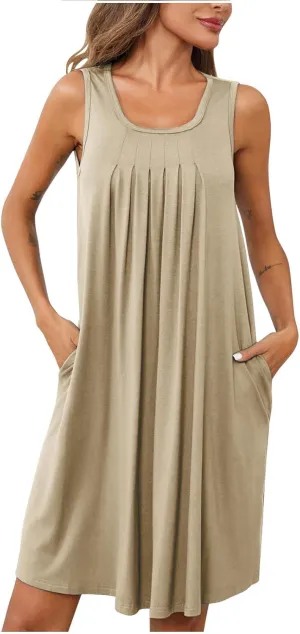 Women's 2024 Summer Casual Loose Beach Sleeveless Midi Sundress with Pockets Swing Solid Ruffle A-Line Dresses