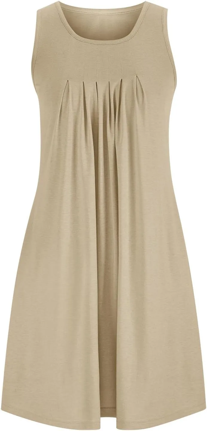 Women's 2024 Summer Casual Loose Beach Sleeveless Midi Sundress with Pockets Swing Solid Ruffle A-Line Dresses