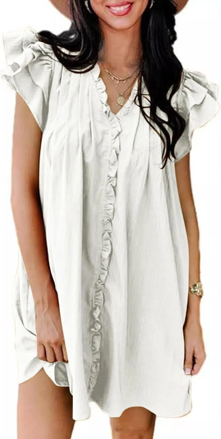 Womens 2024 Summer T-Shirts Dresses Casual V-Neck Ruffle Cap Short Sleeve Mini Dress Loose Pleated Beach Sundress