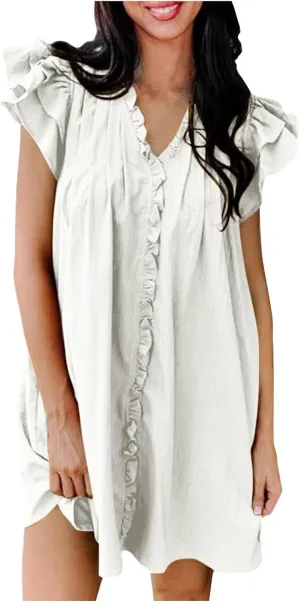 Womens 2024 Summer T-Shirts Dresses Casual V-Neck Ruffle Cap Short Sleeve Mini Dress Loose Pleated Beach Sundress