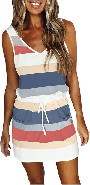 Womens 2025 Summer Dresses Striped Sleeveless Waist Tie Front A- Line Mini Dress Casual Lounge Tunics with Pockets