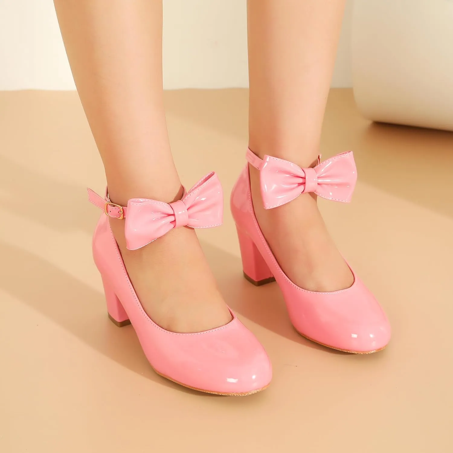 Women's Ankle Strap Heels Removable Bow Closed Toe Low Chunky Heels Pumps Mary Jane Dress Shoes
