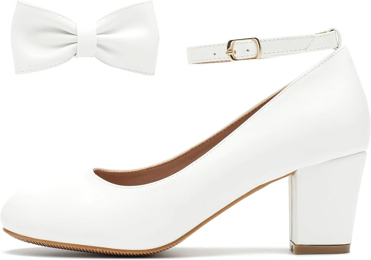 Women's Ankle Strap Heels Removable Bow Closed Toe Low Chunky Heels Pumps Mary Jane Dress Shoes