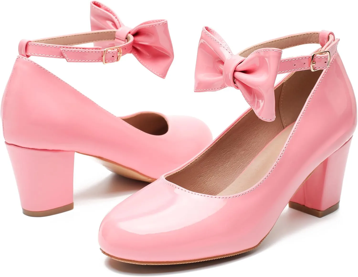 Women's Ankle Strap Heels Removable Bow Closed Toe Low Chunky Heels Pumps Mary Jane Dress Shoes