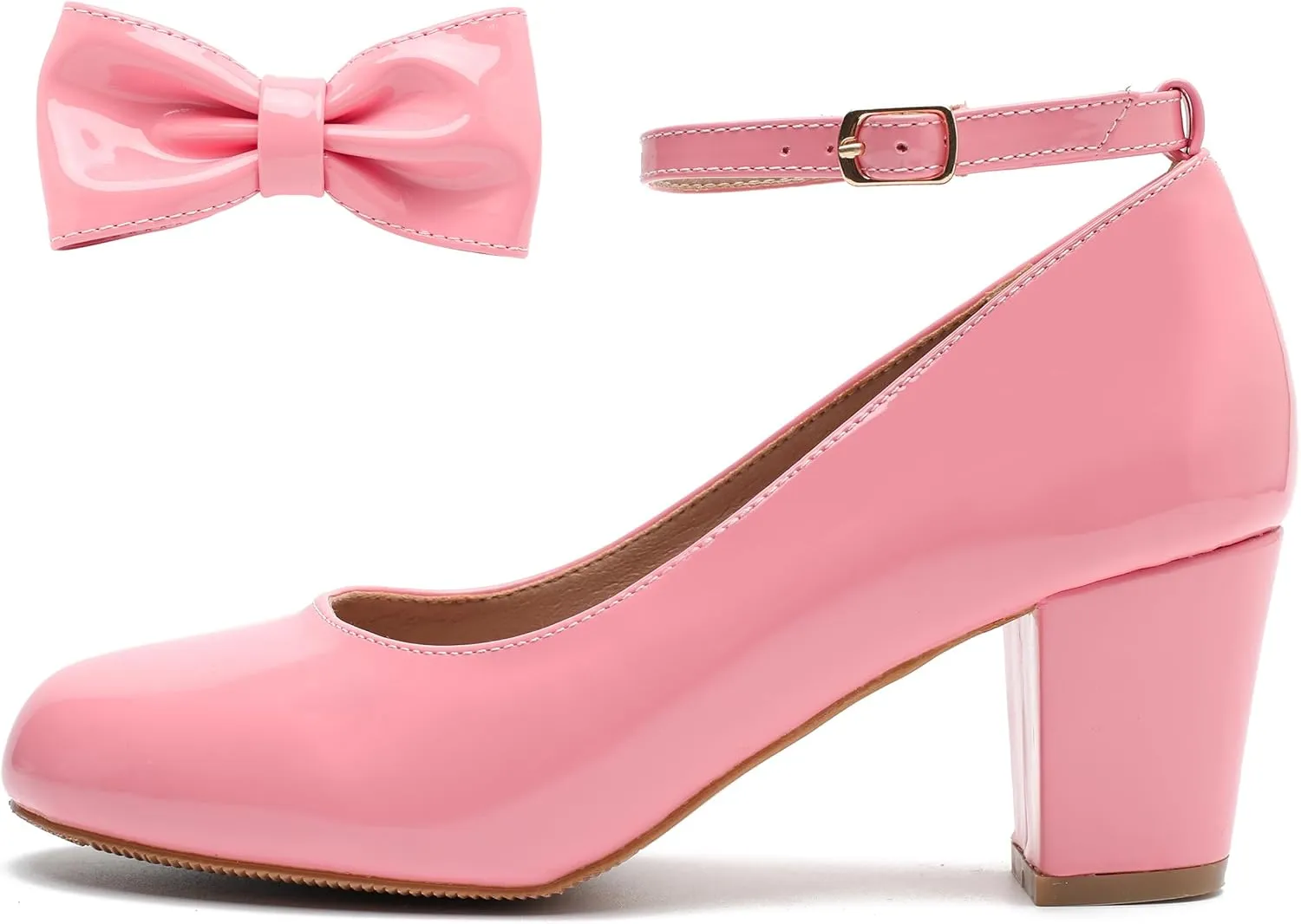 Women's Ankle Strap Heels Removable Bow Closed Toe Low Chunky Heels Pumps Mary Jane Dress Shoes