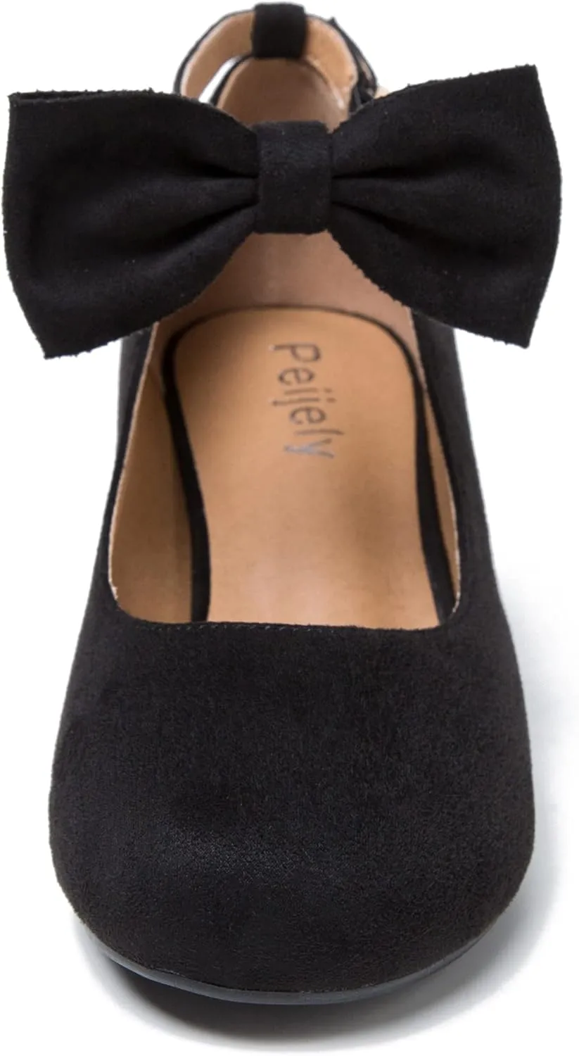 Women's Ankle Strap Heels Removable Bow Closed Toe Low Chunky Heels Pumps Mary Jane Dress Shoes