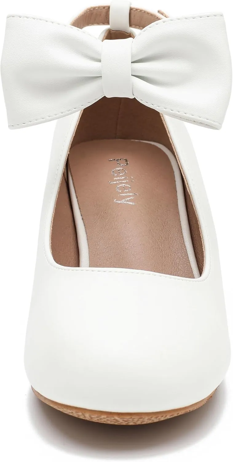 Women's Ankle Strap Heels Removable Bow Closed Toe Low Chunky Heels Pumps Mary Jane Dress Shoes