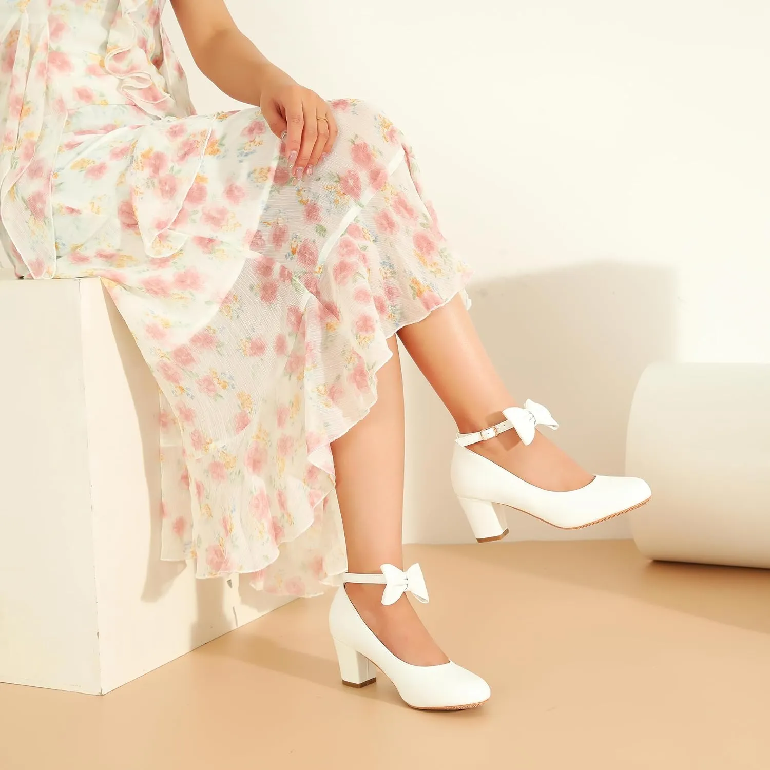 Women's Ankle Strap Heels Removable Bow Closed Toe Low Chunky Heels Pumps Mary Jane Dress Shoes
