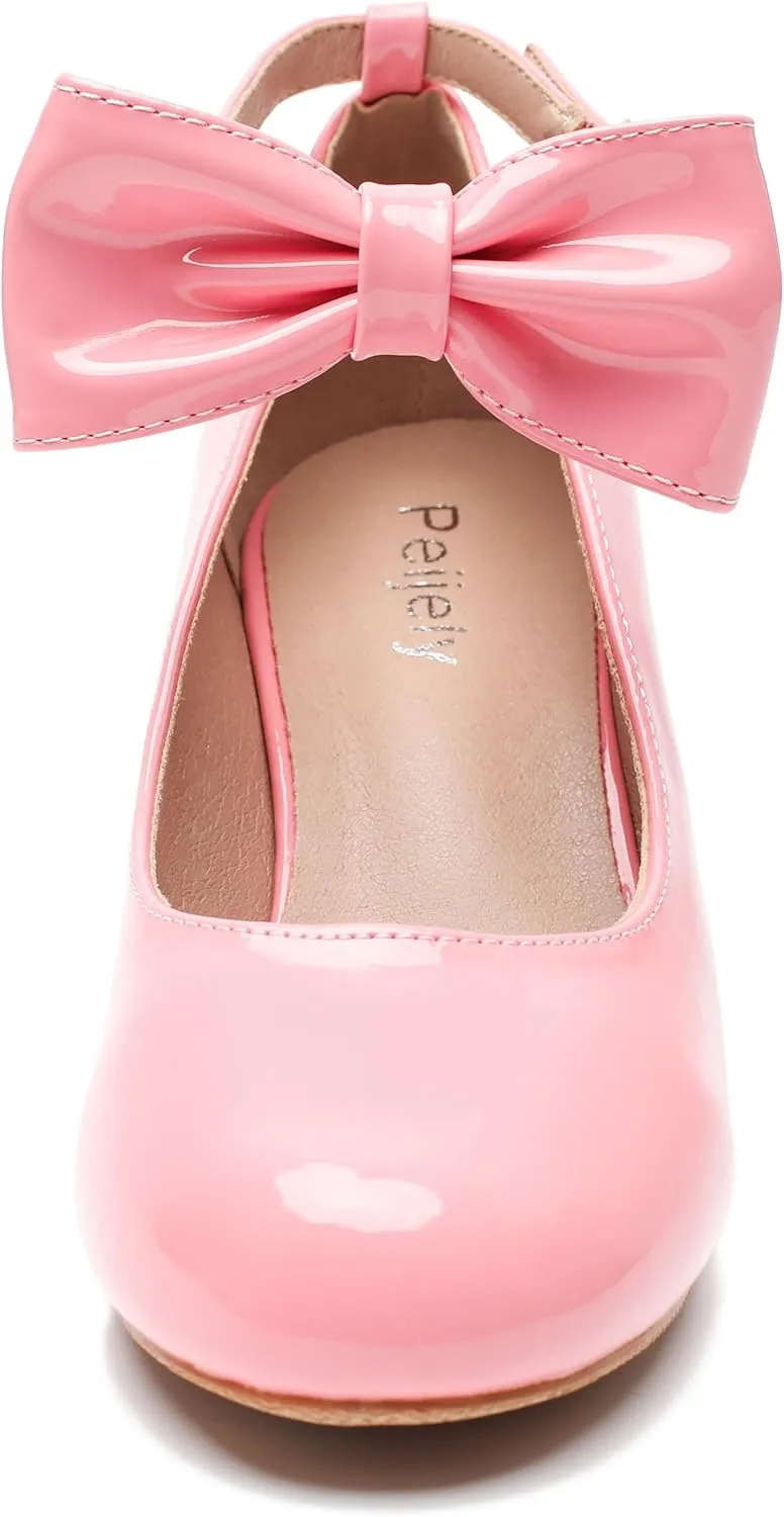 Women's Ankle Strap Heels Removable Bow Closed Toe Low Chunky Heels Pumps Mary Jane Dress Shoes