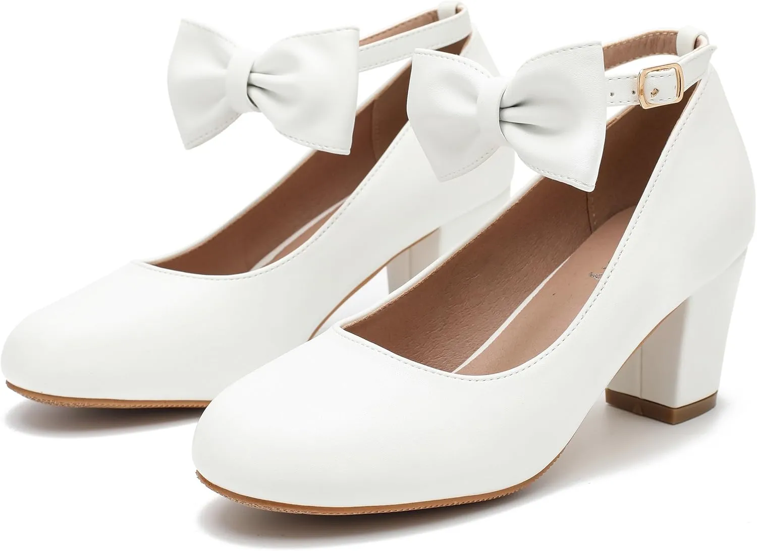 Women's Ankle Strap Heels Removable Bow Closed Toe Low Chunky Heels Pumps Mary Jane Dress Shoes