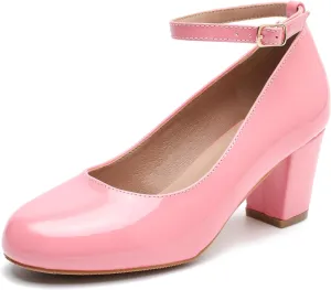 Women's Ankle Strap Heels Removable Bow Closed Toe Low Chunky Heels Pumps Mary Jane Dress Shoes