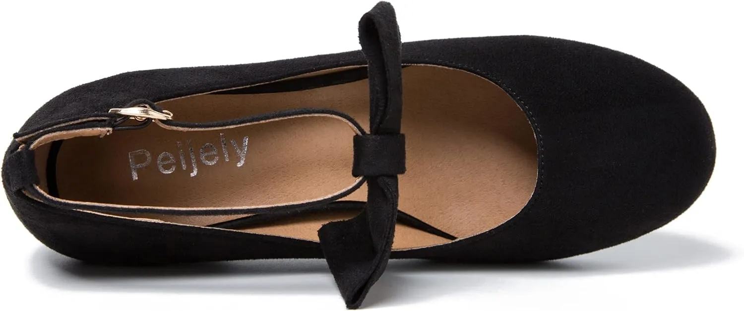 Women's Ankle Strap Heels Removable Bow Closed Toe Low Chunky Heels Pumps Mary Jane Dress Shoes