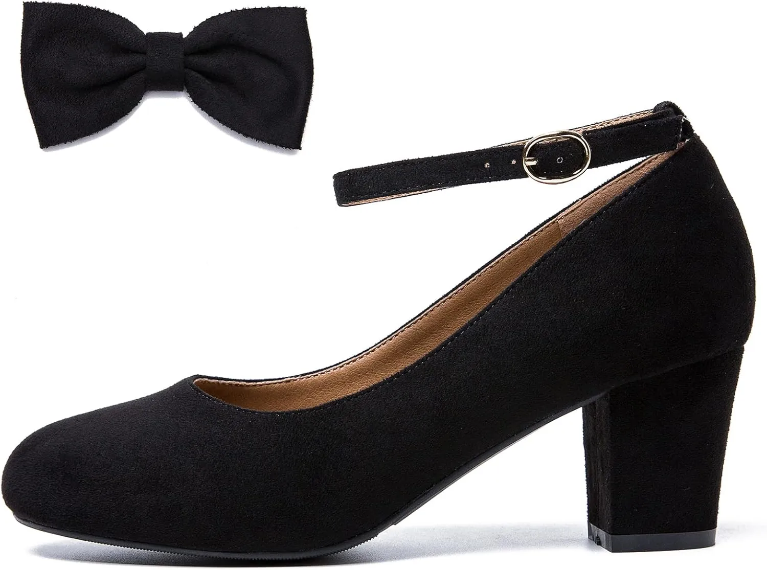 Women's Ankle Strap Heels Removable Bow Closed Toe Low Chunky Heels Pumps Mary Jane Dress Shoes