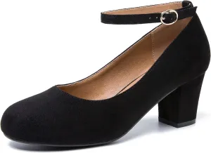 Women's Ankle Strap Heels Removable Bow Closed Toe Low Chunky Heels Pumps Mary Jane Dress Shoes