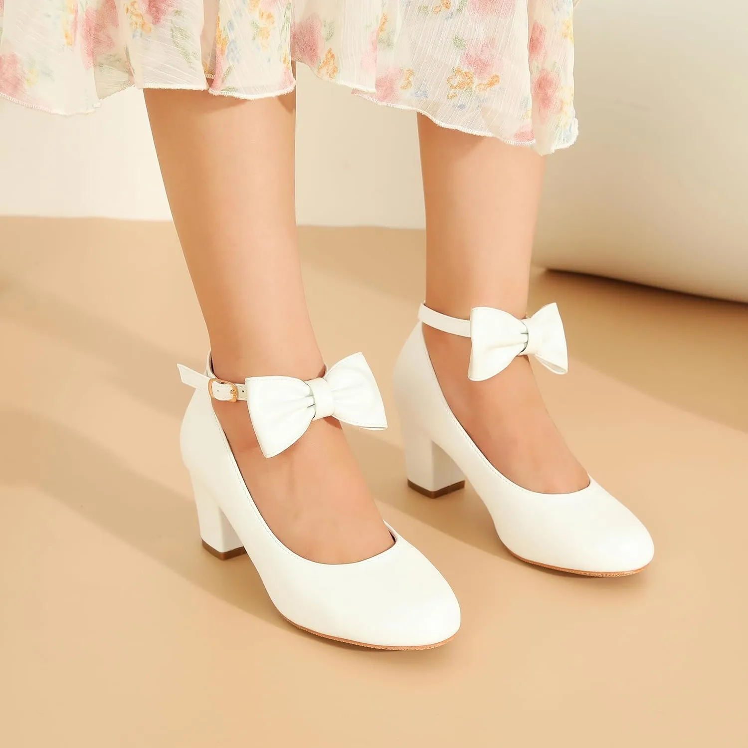 Women's Ankle Strap Heels Removable Bow Closed Toe Low Chunky Heels Pumps Mary Jane Dress Shoes