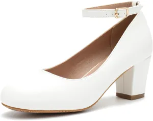 Women's Ankle Strap Heels Removable Bow Closed Toe Low Chunky Heels Pumps Mary Jane Dress Shoes