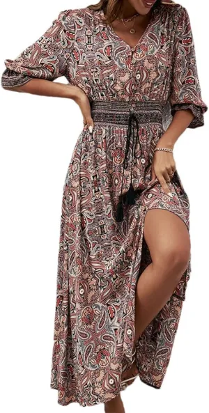Women's Bohemian V-Neck Lantern Sleeve Ankle-Length Print Dress Casual Beach Travel Vacation Dress