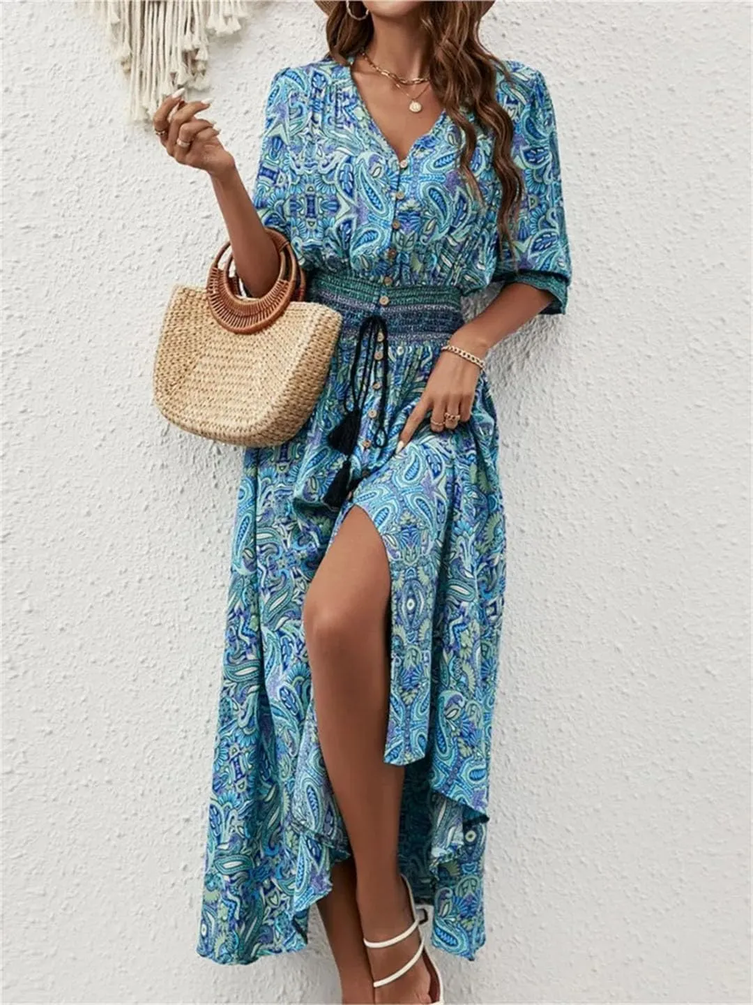 Women's Bohemian V-Neck Lantern Sleeve Ankle-Length Print Dress Casual Beach Travel Vacation Dress