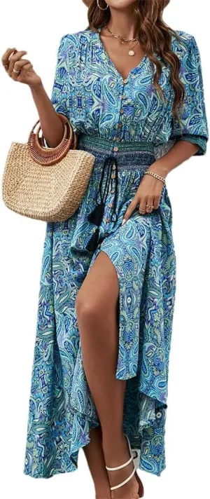 Women's Bohemian V-Neck Lantern Sleeve Ankle-Length Print Dress Casual Beach Travel Vacation Dress