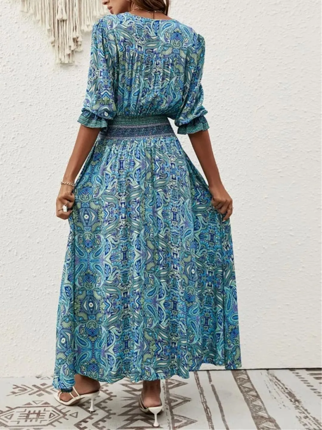 Women's Bohemian V-Neck Lantern Sleeve Ankle-Length Print Dress Casual Beach Travel Vacation Dress