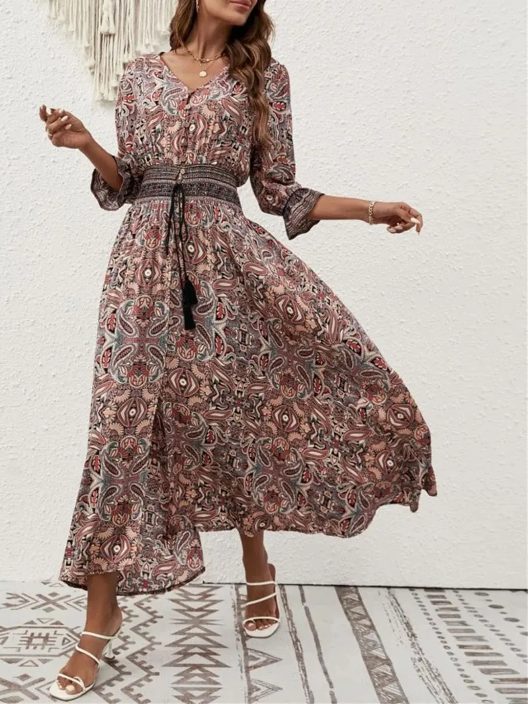 Women's Bohemian V-Neck Lantern Sleeve Ankle-Length Print Dress Casual Beach Travel Vacation Dress