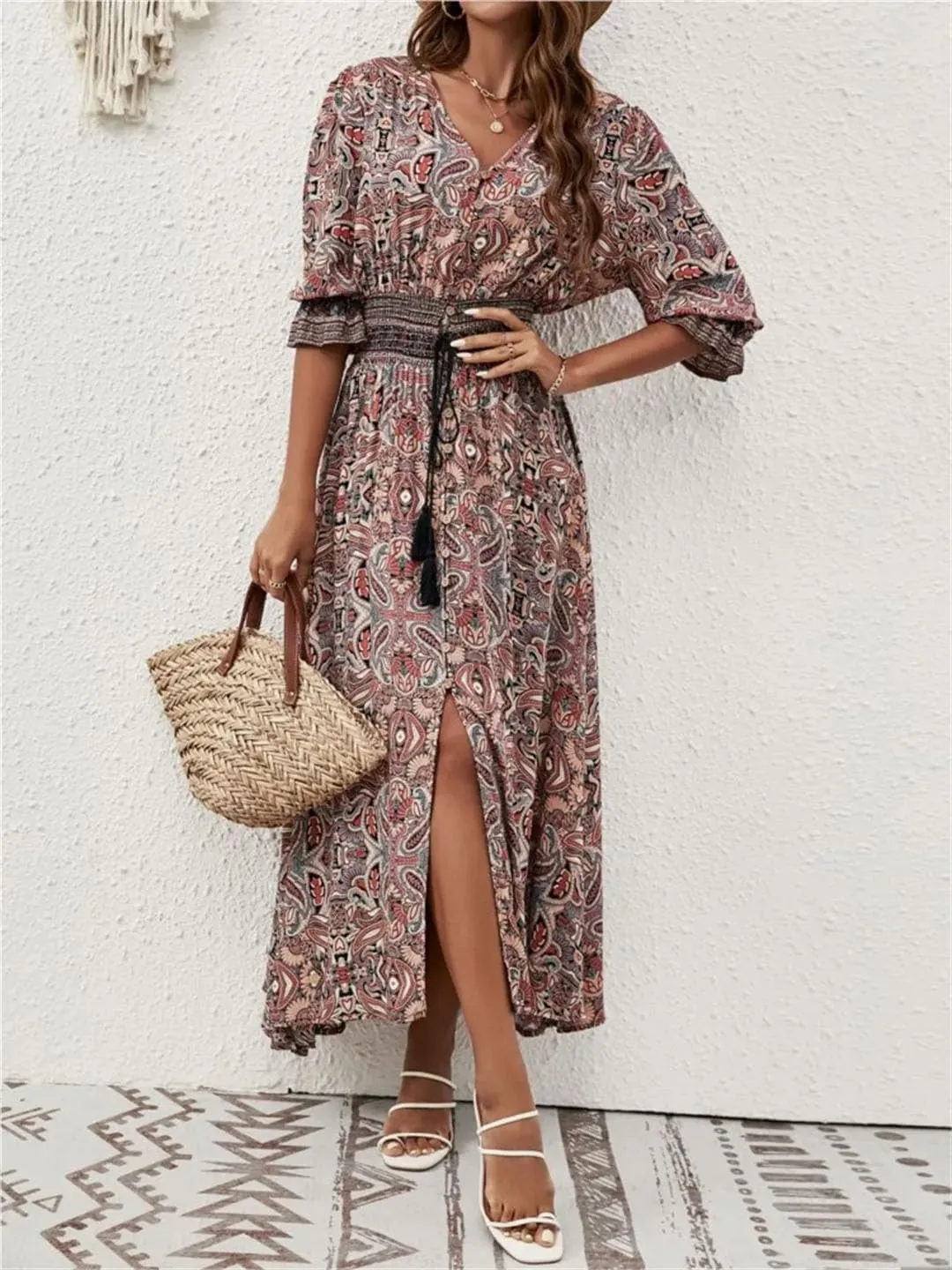 Women's Bohemian V-Neck Lantern Sleeve Ankle-Length Print Dress Casual Beach Travel Vacation Dress