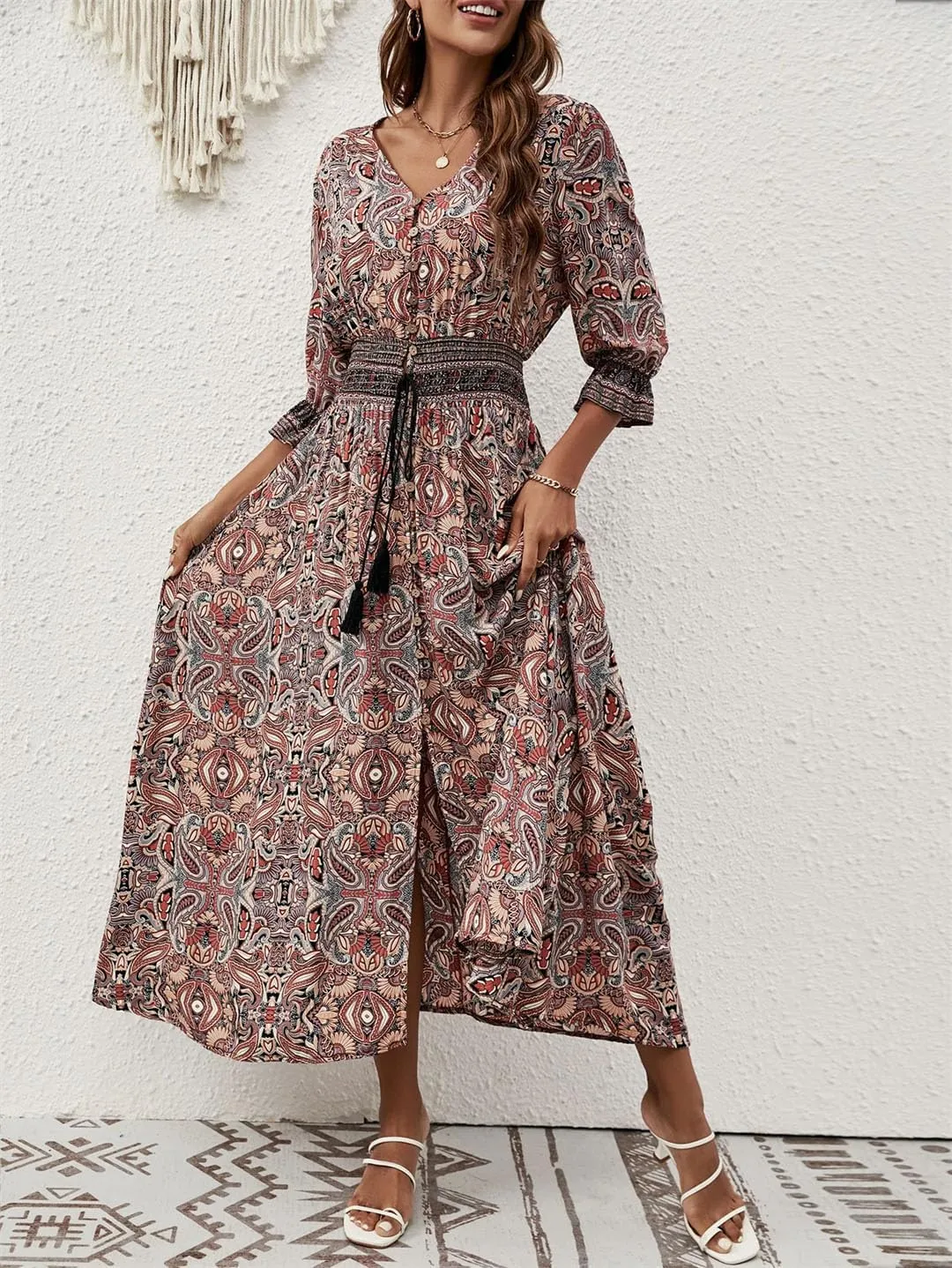 Women's Bohemian V-Neck Lantern Sleeve Ankle-Length Print Dress Casual Beach Travel Vacation Dress