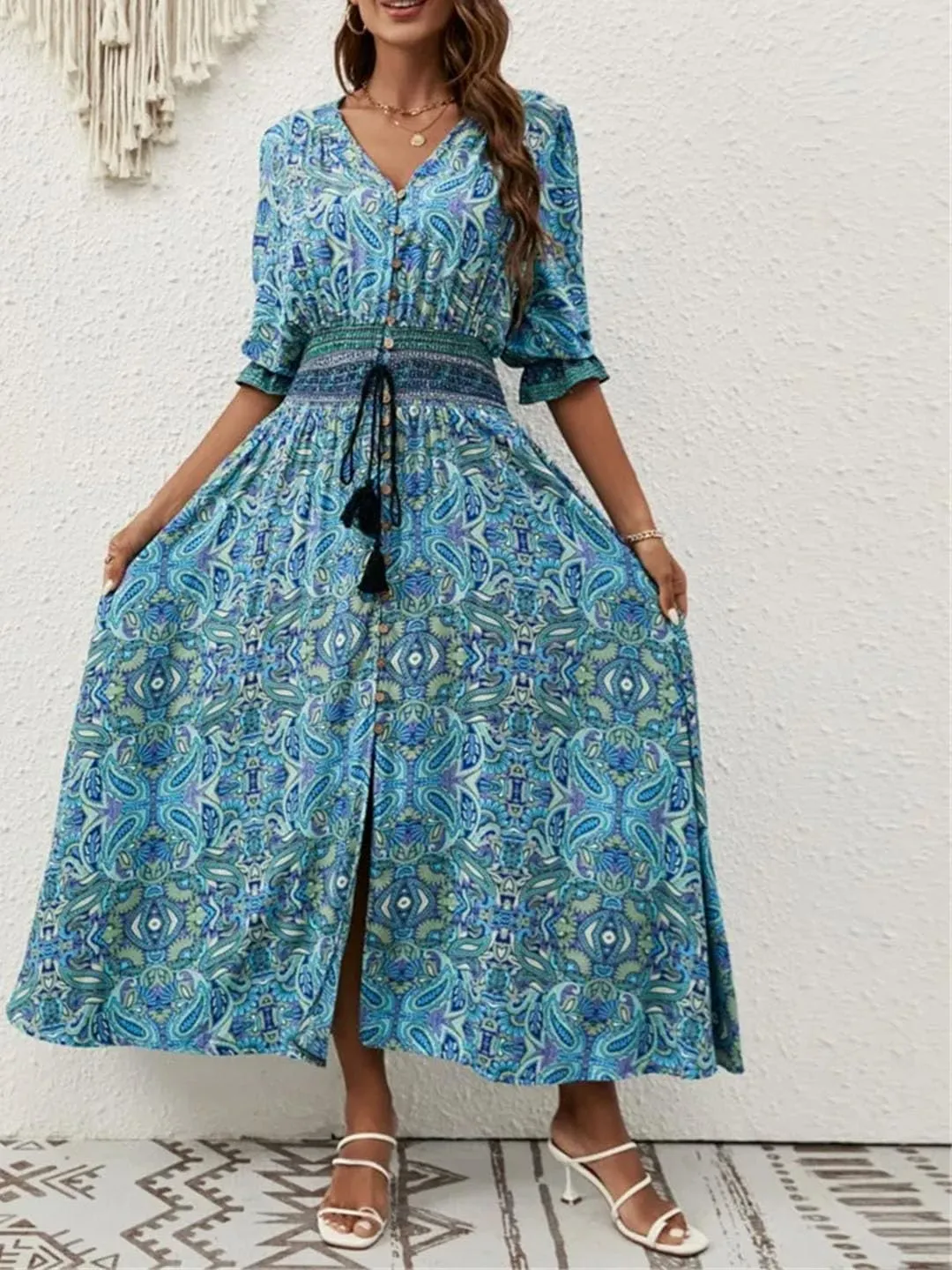 Women's Bohemian V-Neck Lantern Sleeve Ankle-Length Print Dress Casual Beach Travel Vacation Dress