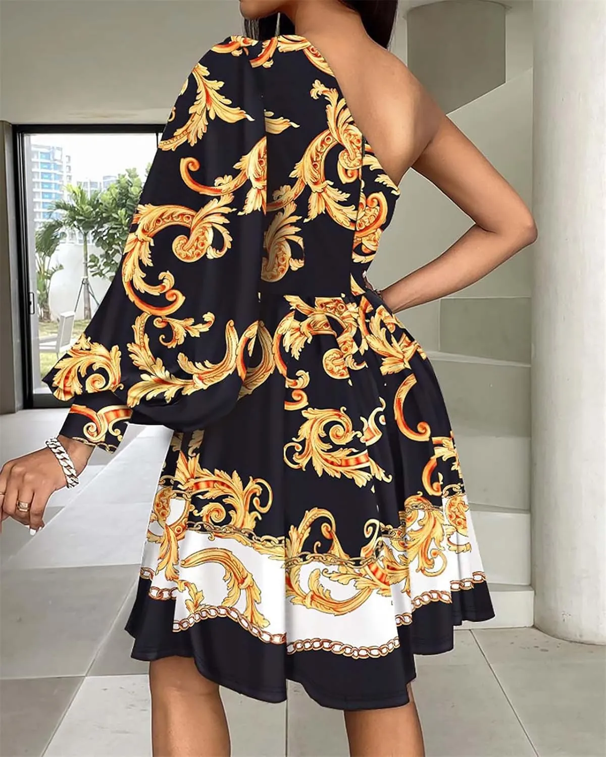 Women's Boho Floral Print One Shoulder Mini Dress Summer A-Line Swing Mini Ruffle Dresses