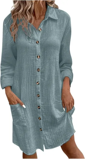 Womens Button Down Shirt Dress Summer Cotton Linen Dress V-Neck Mini Dress Casual Short Sleeve Loose Tunic Shift Dresses