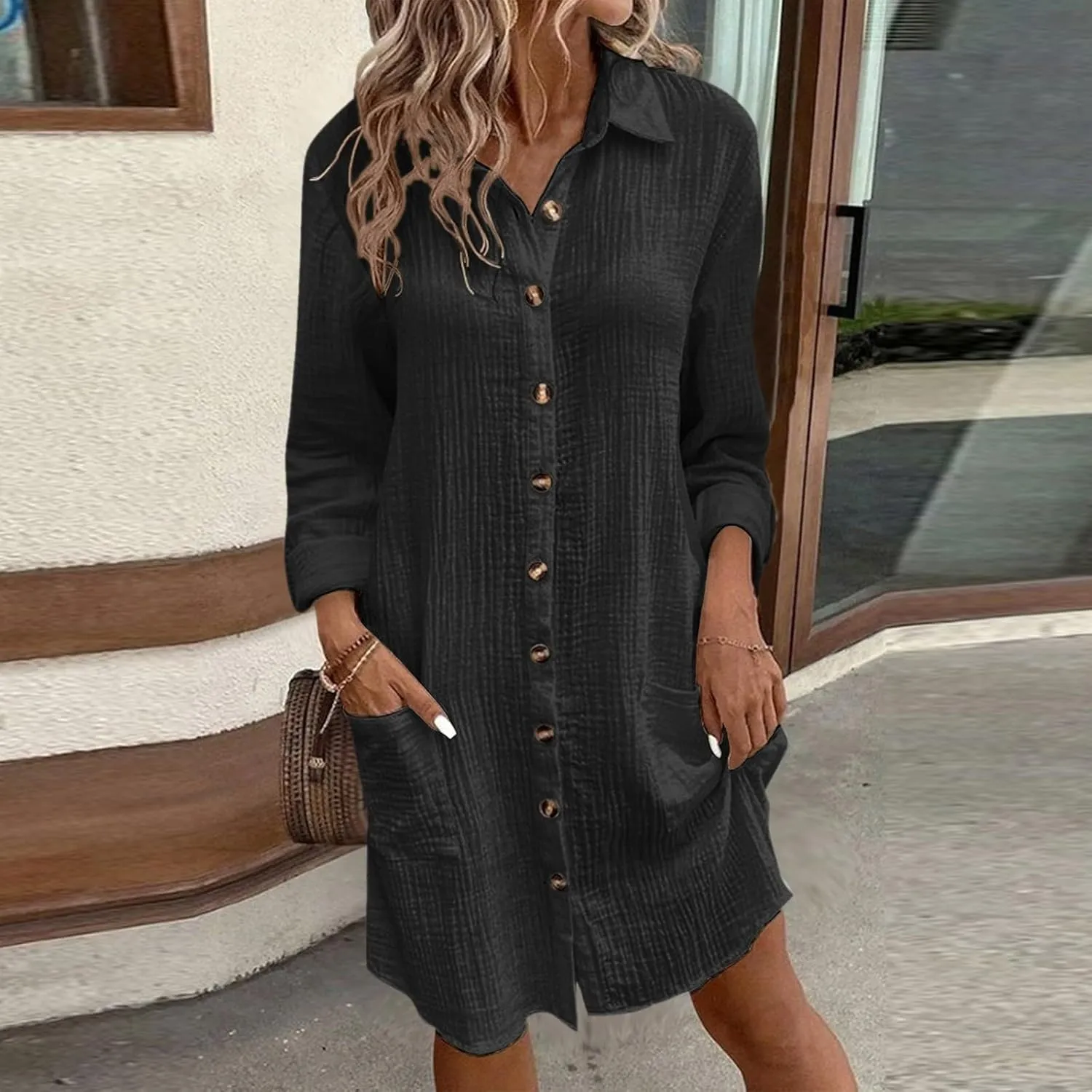 Womens Button Down Shirt Dress Summer Cotton Linen Dress V-Neck Mini Dress Casual Short Sleeve Loose Tunic Shift Dresses