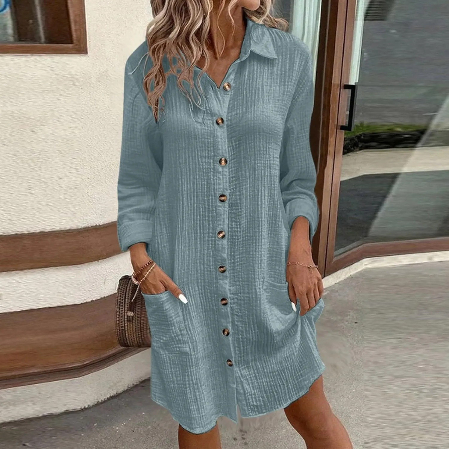 Womens Button Down Shirt Dress Summer Cotton Linen Dress V-Neck Mini Dress Casual Short Sleeve Loose Tunic Shift Dresses