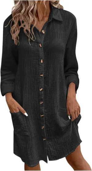 Womens Button Down Shirt Dress Summer Cotton Linen Dress V-Neck Mini Dress Casual Short Sleeve Loose Tunic Shift Dresses