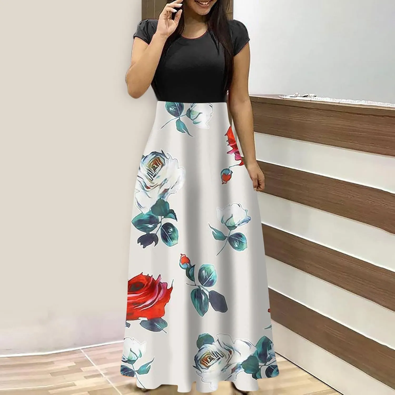Women's Casual Dresses Floral Short Sleeve Tie Waist Ruffle Dresses Women Party Beach Vacation Dress