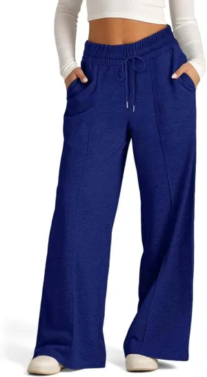 Womens Casual Trousers Stretch Lounge Sweatpants Wide Leg High Waist Pants Solid Color Yoga Pants Drawstring Tracksuit
