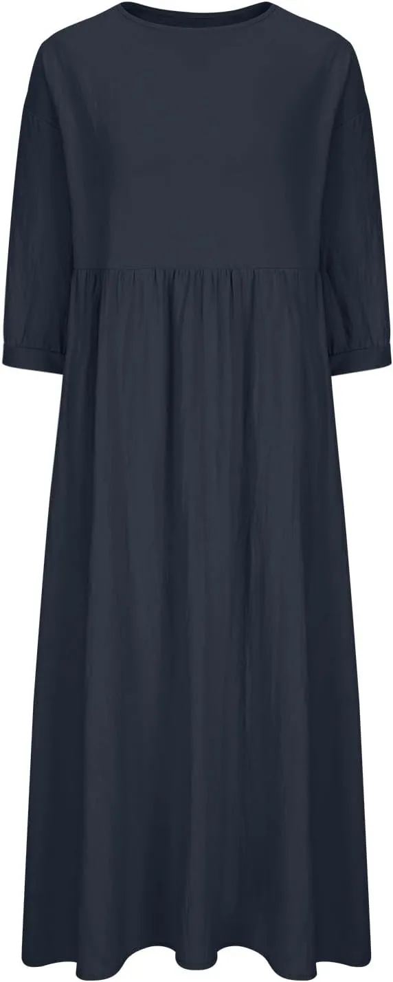 Womens Cotton Linen Midi Dress Casual Loose Petite Solid A-line Dresses Flowy Summer Beach Vacation Sundress Pockets