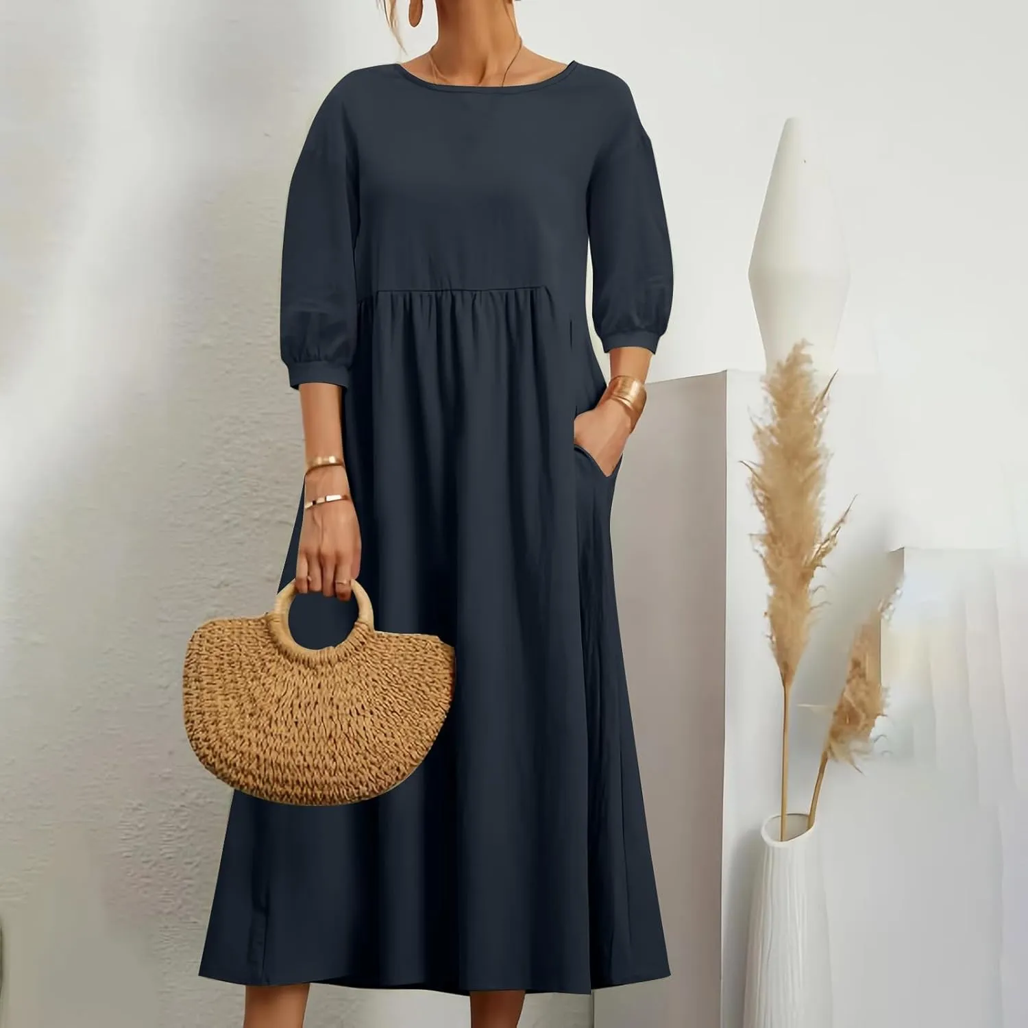 Womens Cotton Linen Midi Dress Casual Loose Petite Solid A-line Dresses Flowy Summer Beach Vacation Sundress Pockets