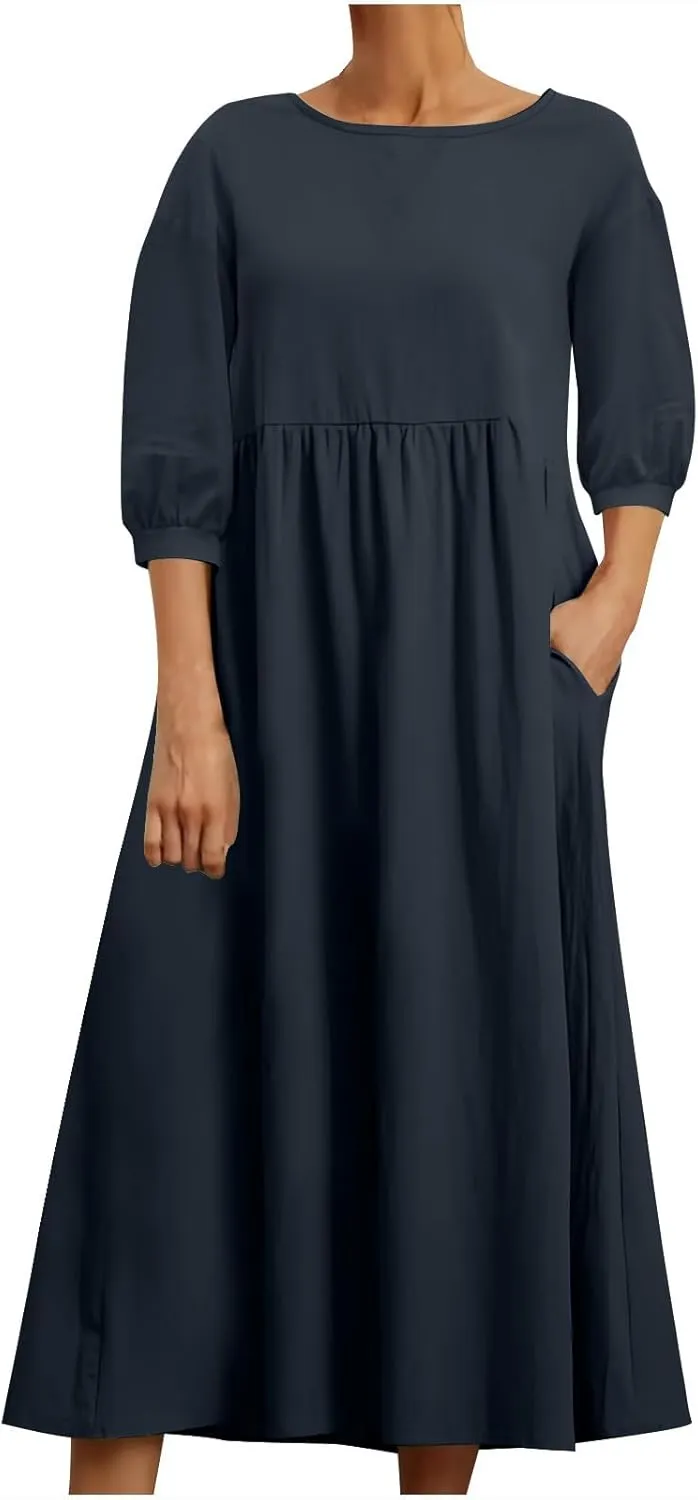 Womens Cotton Linen Midi Dress Casual Loose Petite Solid A-line Dresses Flowy Summer Beach Vacation Sundress Pockets