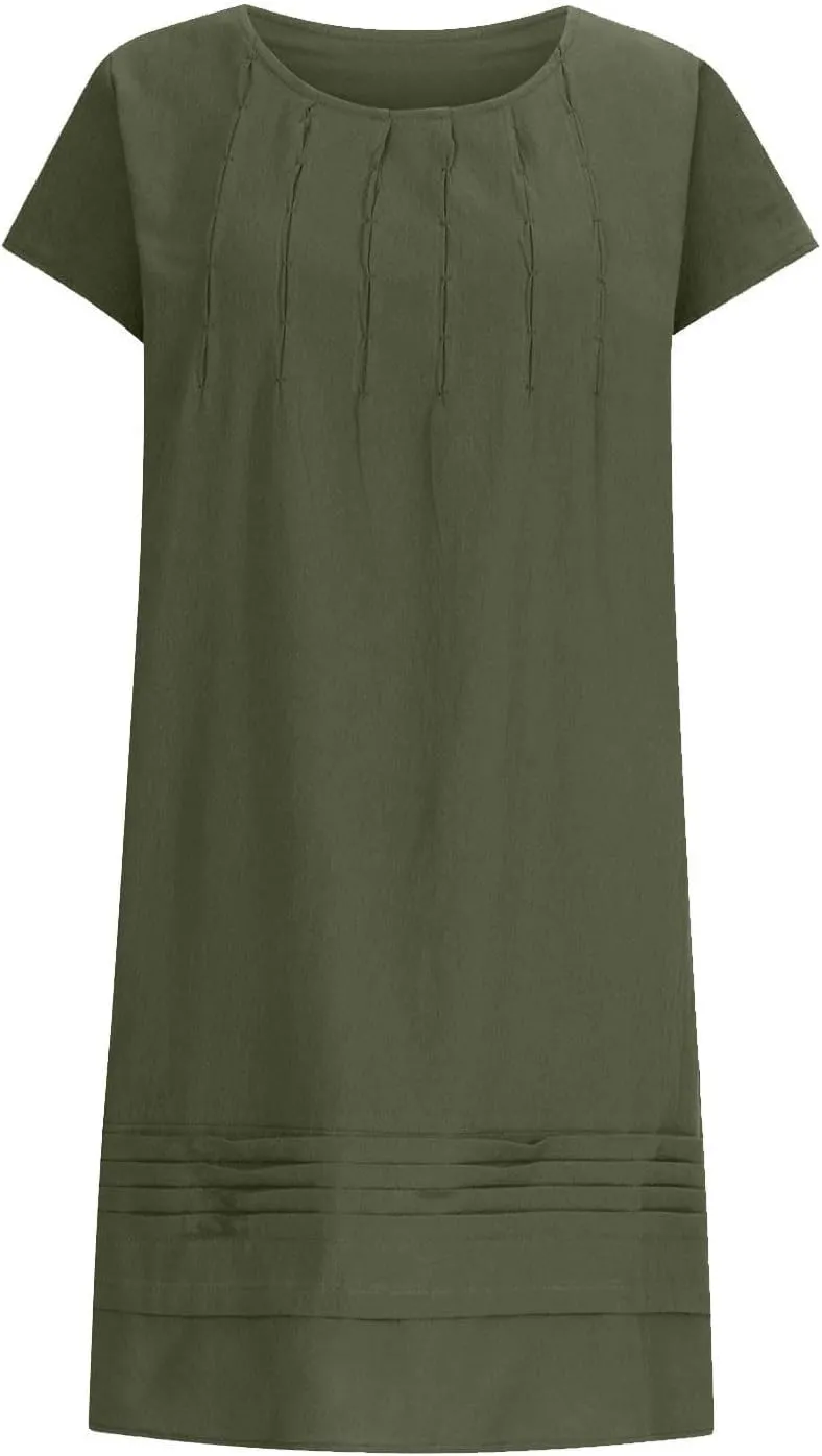Women's Cotton Linen Midi Dress Plus Size Cap Sleeve Pleated Summer T-Shirt Dresses Beach Crewneck Cute Sundresses