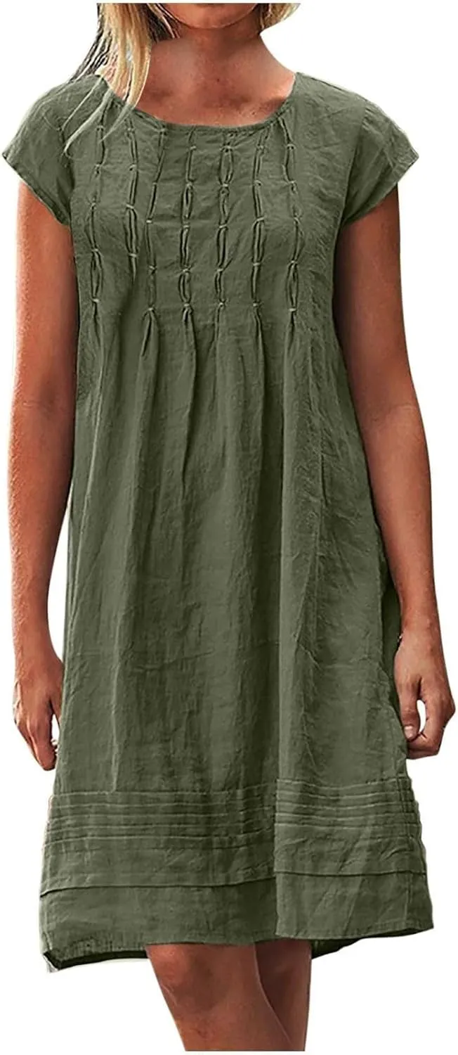 Women's Cotton Linen Midi Dress Plus Size Cap Sleeve Pleated Summer T-Shirt Dresses Beach Crewneck Cute Sundresses