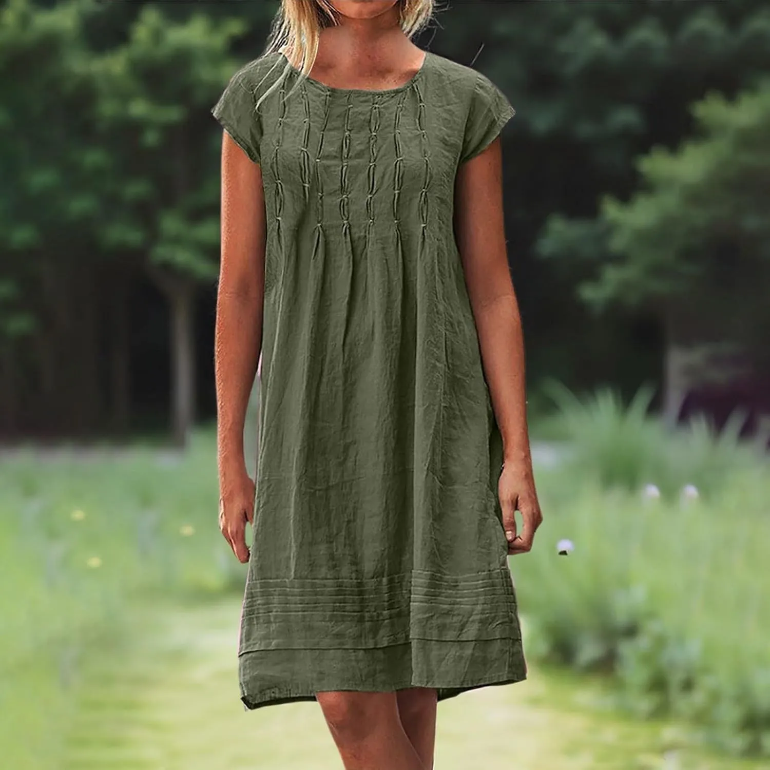 Women's Cotton Linen Midi Dress Plus Size Cap Sleeve Pleated Summer T-Shirt Dresses Beach Crewneck Cute Sundresses
