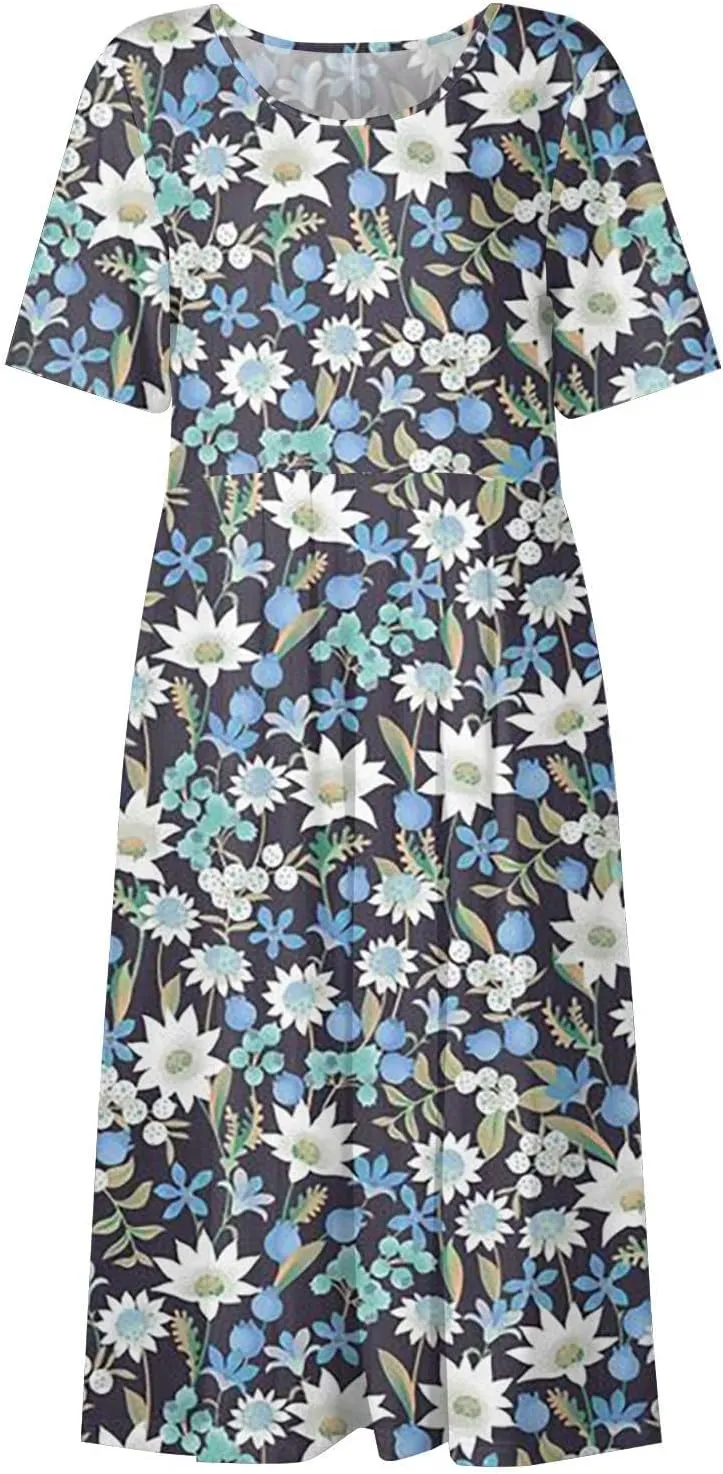Womens Dresses Summer Short Sleeve Boho Floral Print Midi Dress Loose Casual Fashion Beach Sundresses